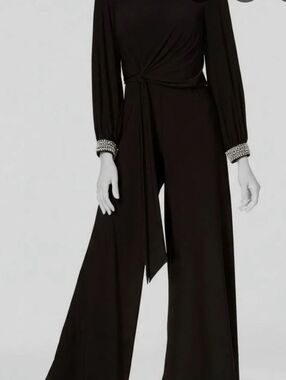 MSK Black Wide-Leg Jumpsuit with Tie Waist Faux Pearl and Gem Cuffs Size M Bnwt